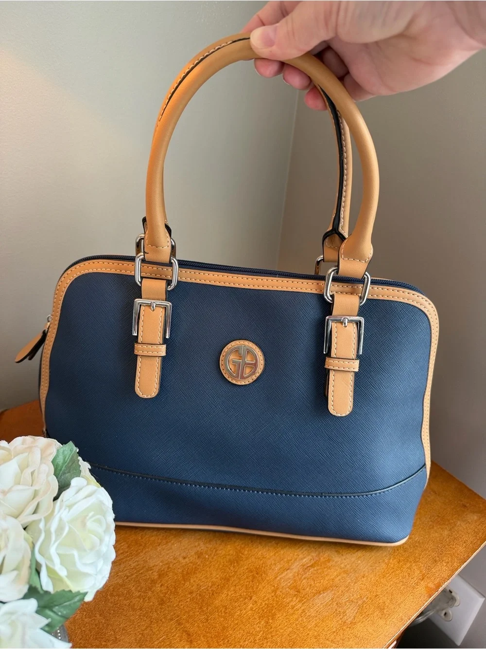 Giani Bernini Navy and Tan Saffiano Satchel